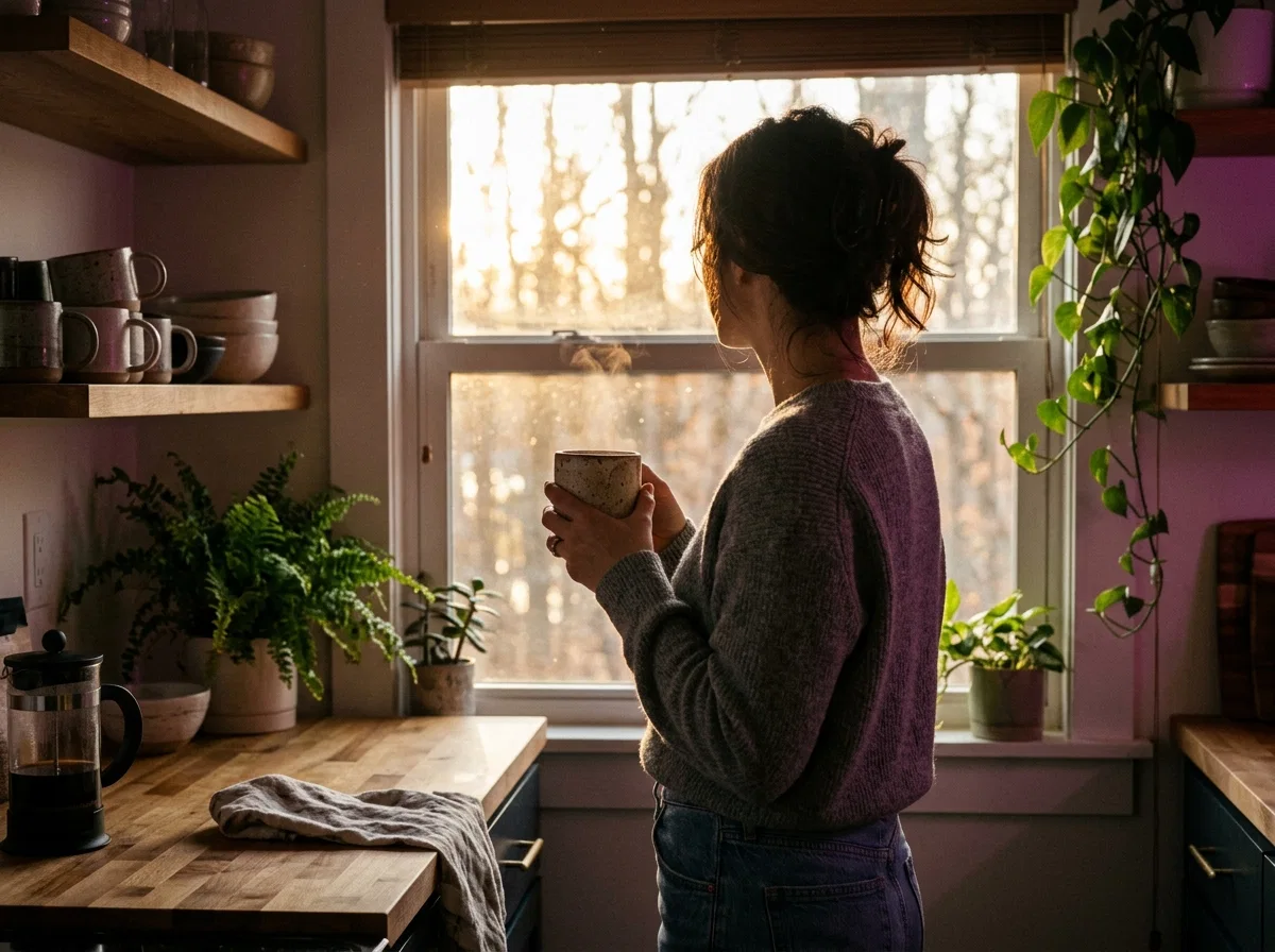 Person hält an einem hellen Morgen eine warme Tasse in der Küche, Gesicht abgewandt